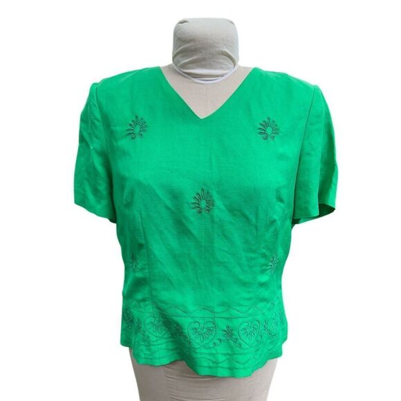 Kelly Green Linen Blend V-Neck Sht Slv Top by Halmode Petites Vintage Sz. 12 - Picture 1 of 10